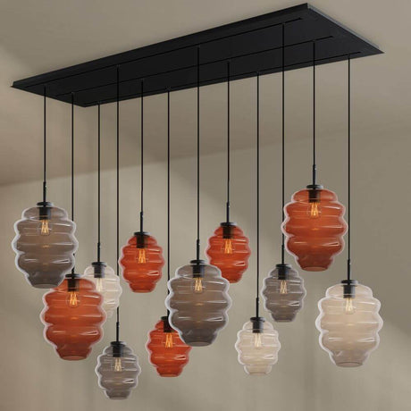 s.luce Echos Esszimmerlampe 12-flammig 200cm 3-reihig Ø 18/25cm mit farbigen Glaskörpern in Braun und Klar.