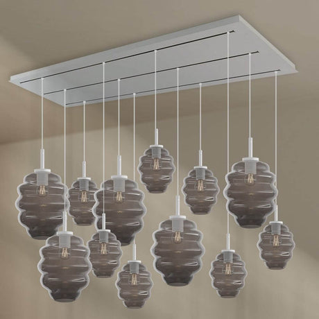 s.luce Echos Esszimmerlampe 12-flammig 200cm 3-reihig Ø 18/25cm mit mundgeblasenen Glaskörpern in Rauch.