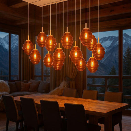 s.luce Echos Esszimmerlampe 12-flammig 200cm 3-reihig Ø 18/25cm in stilvoller Esszimmerumgebung