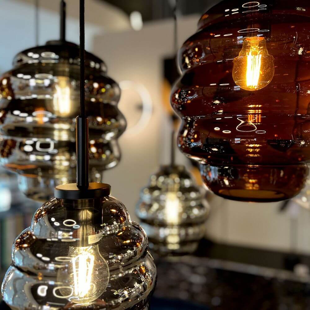 s.luce Echos Esszimmerlampe 12-flammig 200cm 3-reihig Ø 18/25cm in verschiedenen Glasfarben.