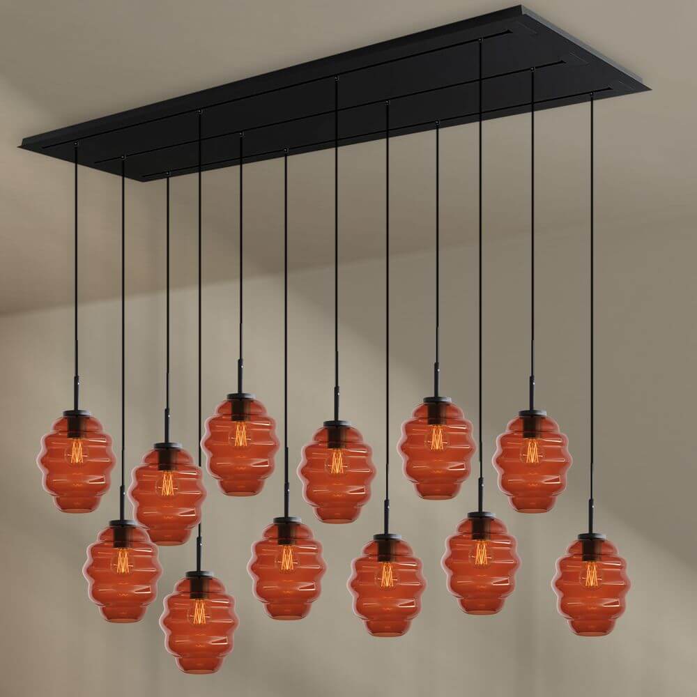 s.luce Echos Esszimmerlampe 12-flammig 200cm 3-reihig Ø 18cm in brauner Farbgebung mit stilvollen Glaskörpern