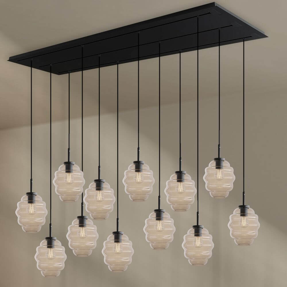 s.luce Echos Esszimmerlampe 12-flammig 200cm 3-reihig Ø 18cm mit mundgeblasenen Glaskörpern