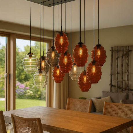 s.luce Echos Esszimmerlampe 12-flammig 200cm 3-reihig Ø 18cm in eleganter Raumbeleuchtung über Esstisch