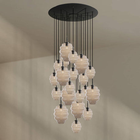 s.luce Echos galleriarmatur med 20 lyskilder Ø 120 cm baldakin Ø 18/25 cm med strukturerte glasskropper i forskjellige størrelser.