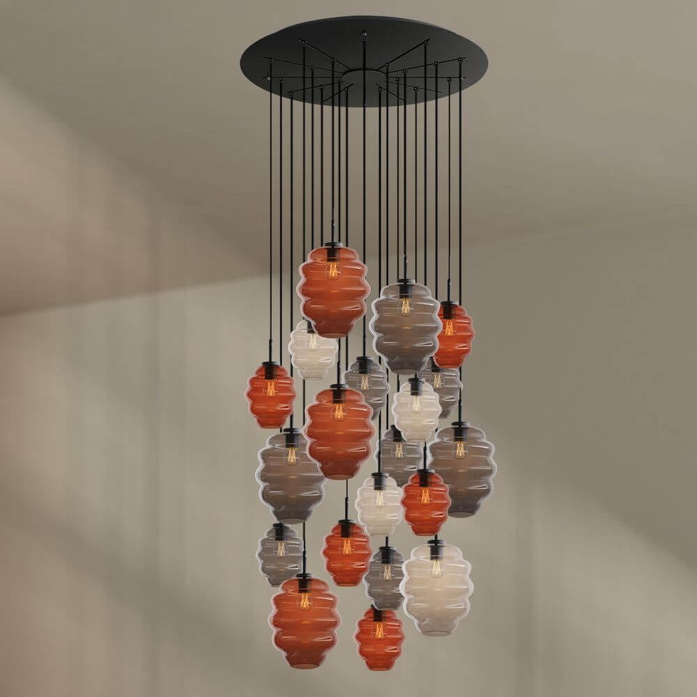 s.luce Echos Galerieleuchte 20-flammig Ø 120cm Baldachin Ø 18/25cm mit bunten Glaskörpern
