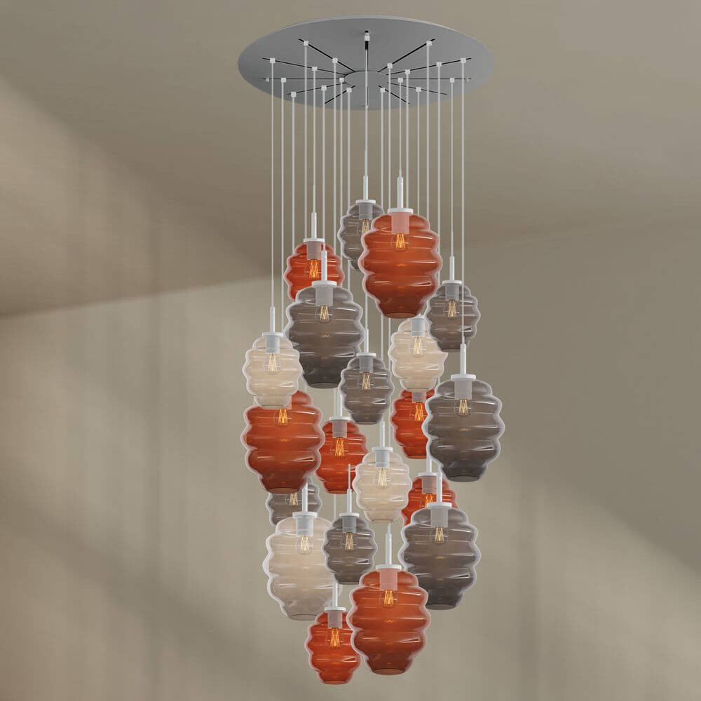 s.luce Echos Galerieleuchte 20-flammig Ø 120cm Baldachin Ø 18/25cm mit strukturierten Glaskörpern in verschiedenen Farben.