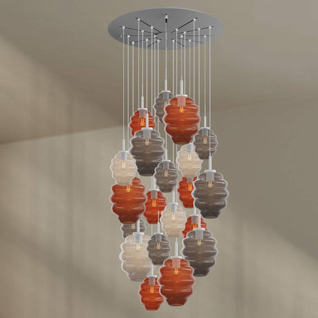 s.luce Echos galleriarmatur med 20 lyskilder Ø 120 cm baldakin Ø 18/25 cm med strukturerte glasskropper i forskjellige farger.