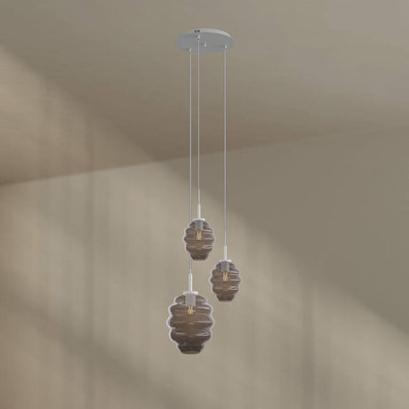 s.luce Echos Galerieleuchte 3-flammig Ø 40cm Baldachin Ø 18/25cm – hängende asymmetrische Glas-Pendelleuchten, mundgeblasene braune Gläser für hohe Decken