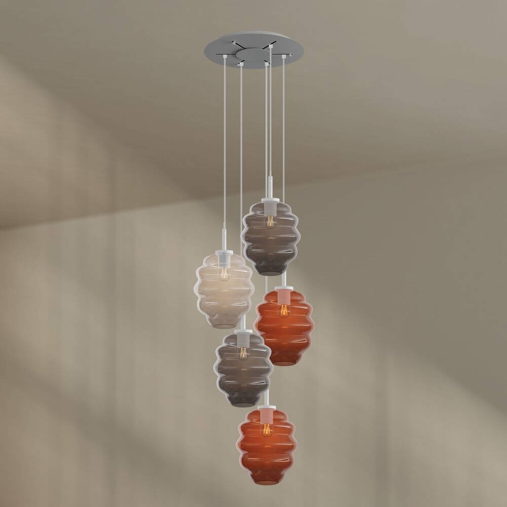 s.luce Echos Galerieleuchte 5-flammig Ø 60cm Baldachin Ø 25cm mit bunten Glaskörpern in modernem Design.