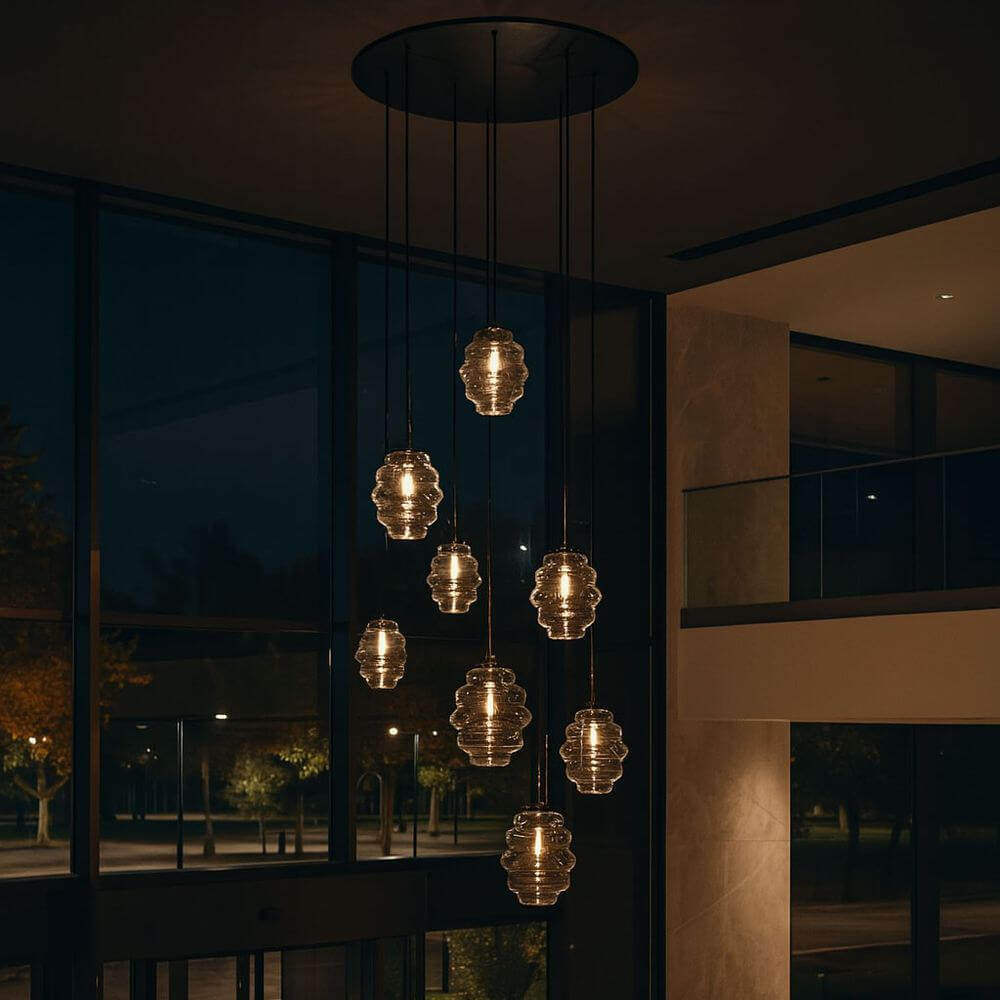 s.luce Echos Galerieleuchte 8-flammig Ø 80cm Baldachin Ø 18/25cm mit eleganten Glaskörpern.