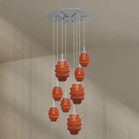 s.luce Echos 8-light gallery light Ø 80cm canopy Ø 18/25cm with orange glass bodies.