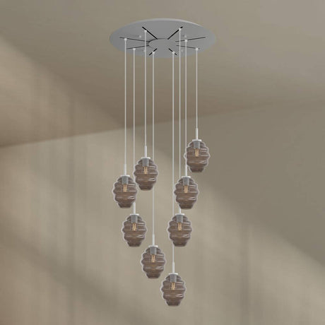 s.luce Echos Galerieleuchte 8-flammig Ø 80cm Baldachin Ø 18cm mit acht mundgeblasenen Glaskörpern in rauchfarben.