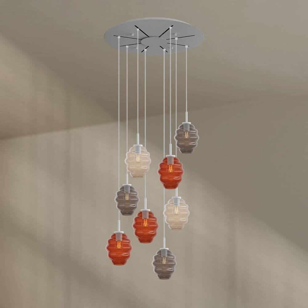 s.luce Echos Galerieleuchte 8-flammig Ø 80cm Baldachin Ø 18cm mit kunstvollem Glasdesign in Braun, Rauch und Klar