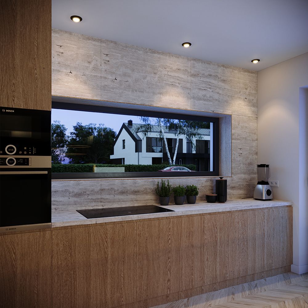 Moderne keuken met houten planken, groot raam en uitzicht op een schoon woonhuis buiten.