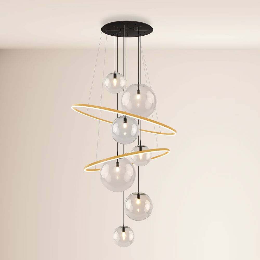 s.luce Galaxy XXL LED Galerielampe 8-flammig Ringleuchte Glaskugeln mit schwebenden Glas-Leuchten und LED-Ringen.