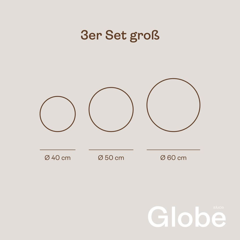 s.luce Globe pro 3er Set aus großen Kugelleuchten in Größen 40 cm, 50 cm und 60 cm für stilvolle Gartenbeleuchtung.