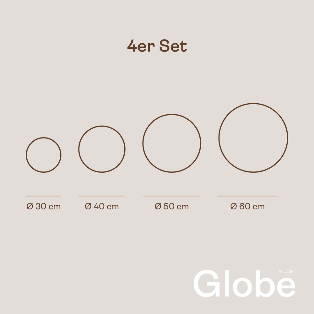 4er Set s.luce Globe Kugelleuchten in verschiedenen Durchmessern: 30 cm, 40 cm, 50 cm, 60 cm.