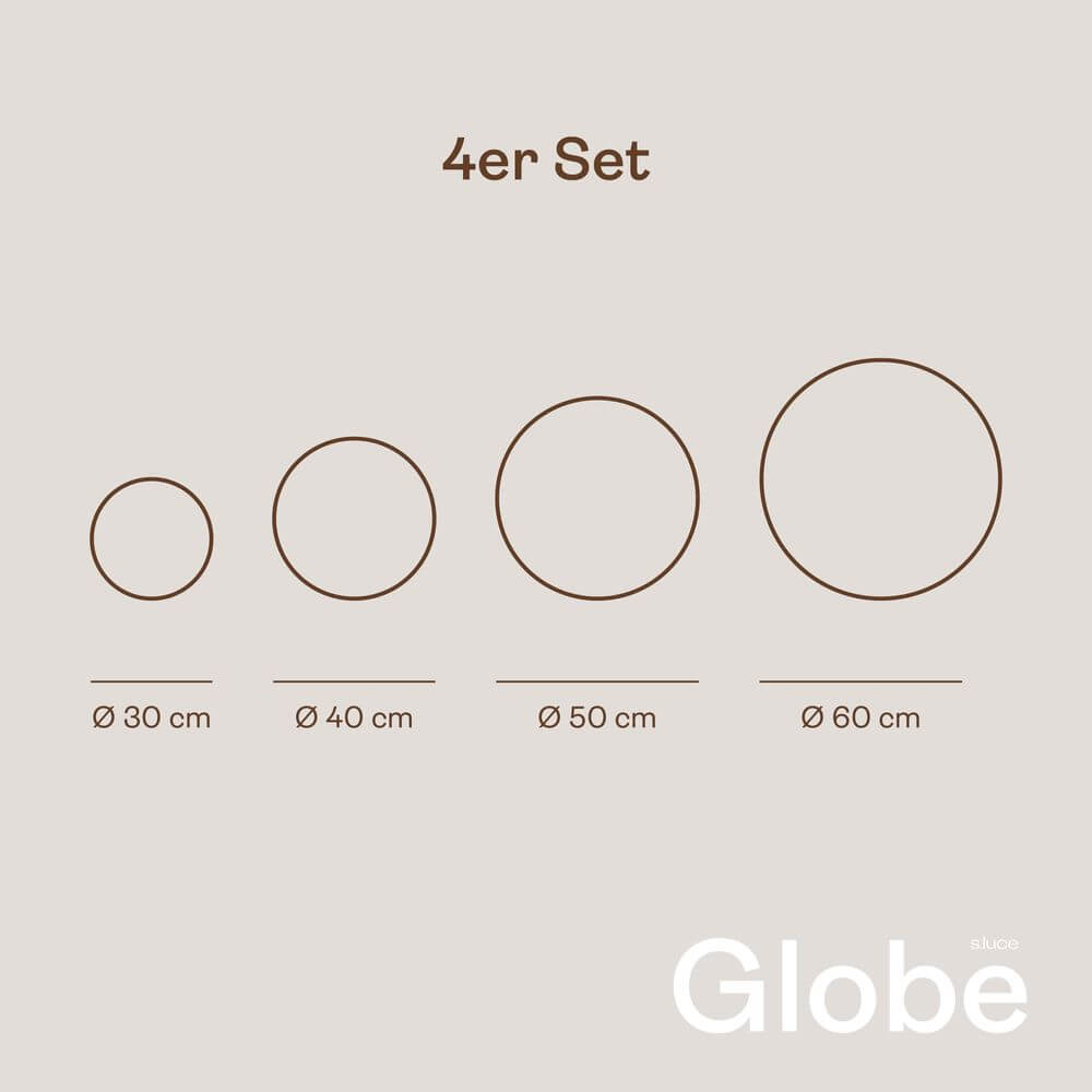 s.luce Globe pro langlebige Garten Außenkugel Weiß 4er Set mit Größen Ø 30 cm, Ø 40 cm, Ø 50 cm und Ø 60 cm.