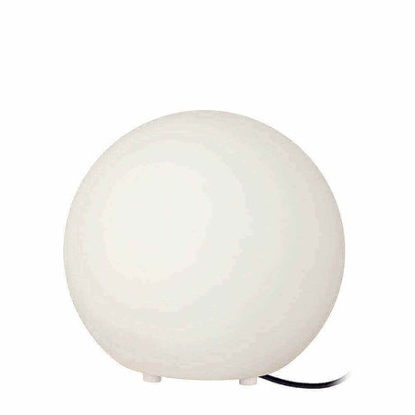 Moderna lampada da tavolo rotonda in vetro bianco con forma minimalista e cavo.