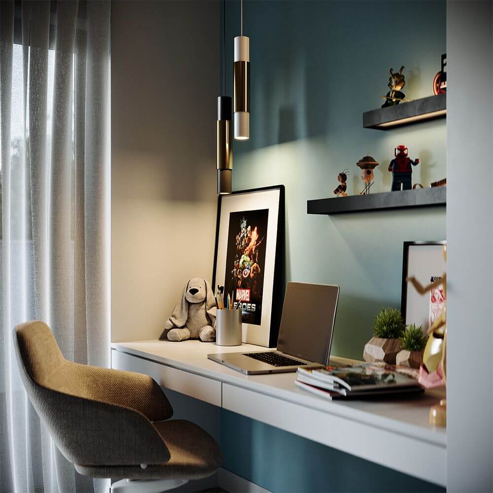 moderne s.luce Pendelleuchte Crutch über einem Schreibtisch in stilvollem Büro mit Dekoration