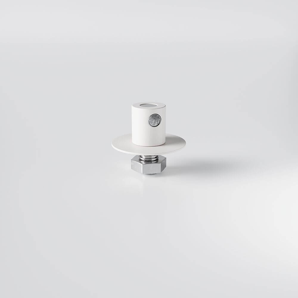 s.luce Kabel & Stahlseilaufnahme für Modular Baldachin, weiße Aufnahme mit Metallteil für Pendelleuchten.