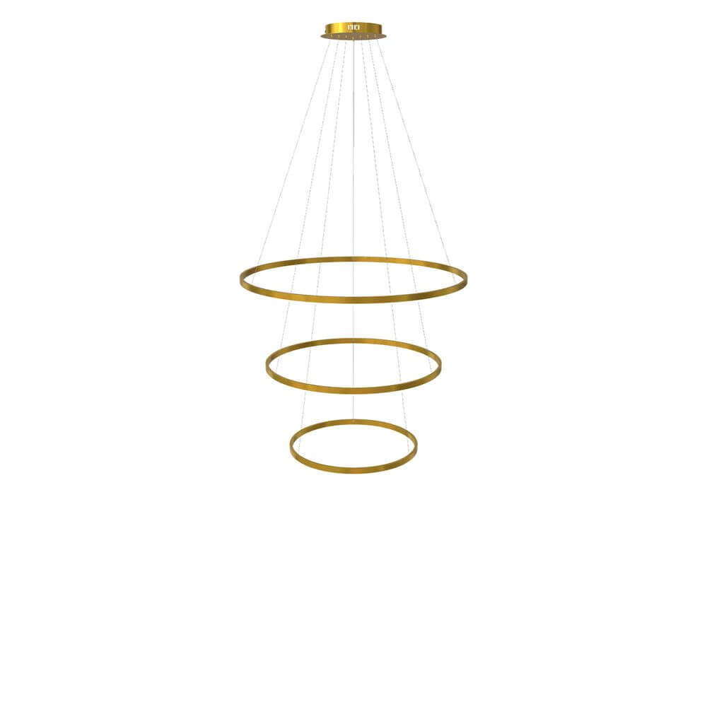 s.luce LED Ring Hängeleuchte 3-flammig Zentrisch, elegante Pendelleuchte mit drei Ringen in gold.