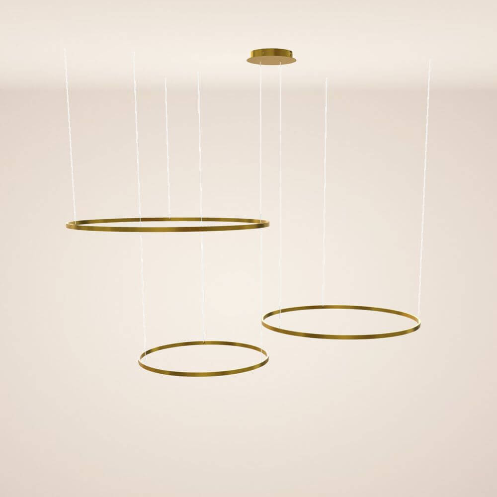 s.luce Lampa wisząca LED Ring 3-płomieniowa ekscentryczna w złotych pierścieniach, idealna do oświetlenia stołu.