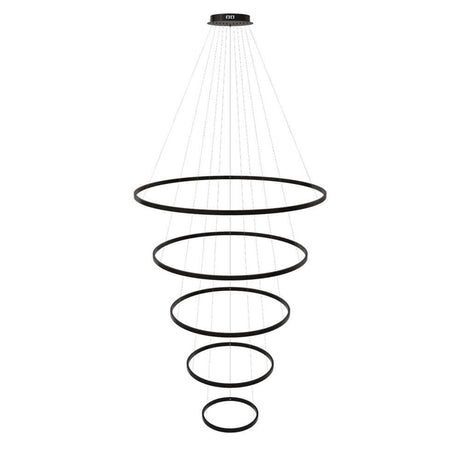 s.luce Lampadario a anello LED 5 fiamme centrale in design moderno con cinque luci ad anello collegate a cavi.