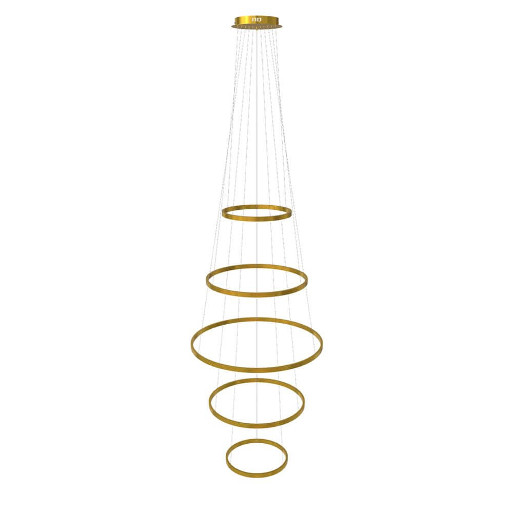 s.luce LED Ring Pendellampa 5-ljuskällor centralt med fem gyllene ringar för elegant modern ljusdesign.