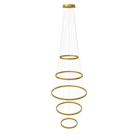 s.luce LED Ring Pendelleuchte 5-flammig Zentrisch mit fünf goldenen Ringen für elegantes modernes Lichtdesign.