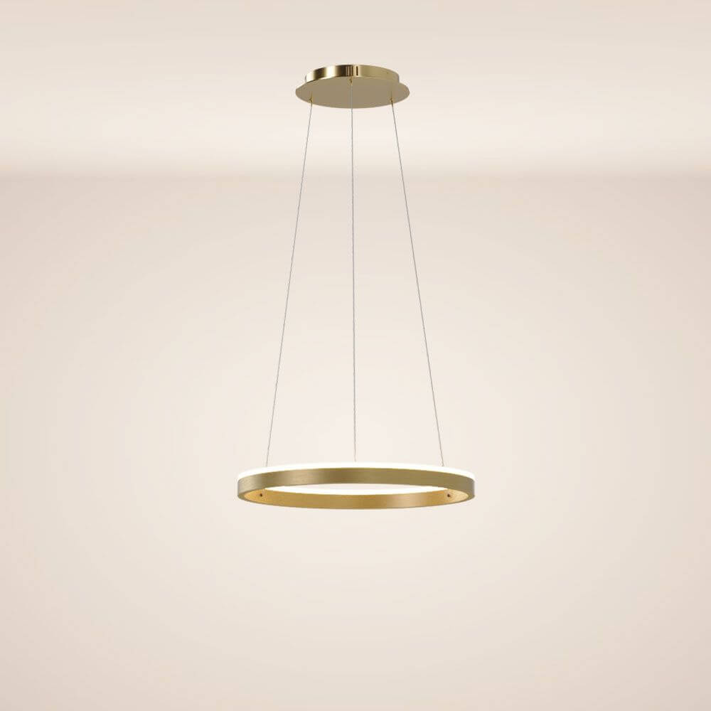 s.luce LED Ring Pendelleuchte rund Direkt oder Indirekt in goldener Ausführung, schwebend von der Decke.
