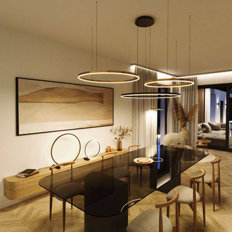 s.luce LED Ring Pendelleuchte rund Direkt oder Indirekt über modernen Esstisch im stilvollen Raum.