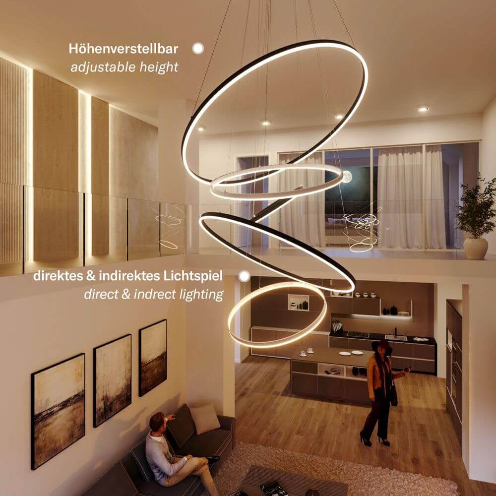 s.luce LED Ring Pendelleuchte rund Direkt oder Indirekt in modernem Wohnraum mit geschwungenen Linien.