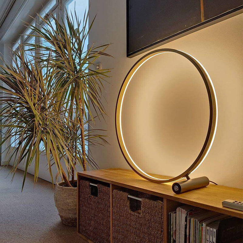 Moderne Stehlampe in Form eines Rings, beleuchtet, neben einer Pflanze auf einem Holzregal im Wohnzimmer.