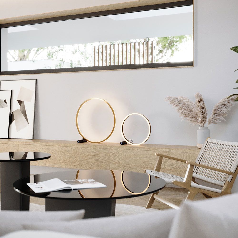 s.luce LED Ring-pöytävalaisin suoraan tai epäsuoraan modernissa olohuoneessa tyylikkäällä designilla.