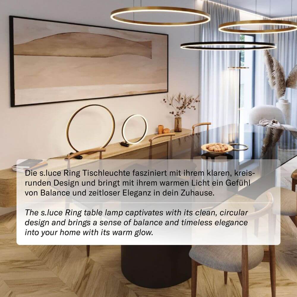 s.luce LED Ring Tischleuchte Direkt oder Indirekt in modernem Interieur mit warmem Licht und elegantem Design.