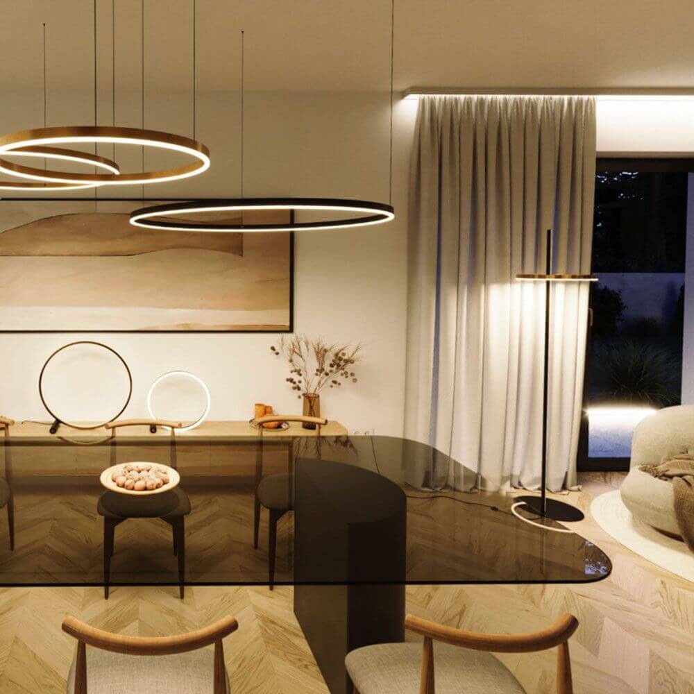 s.luce LED Ring Tischleuchte Direkt oder Indirekt in stilvollem modernen Esszimmer-Design mit eleganten Hängeleuchten.