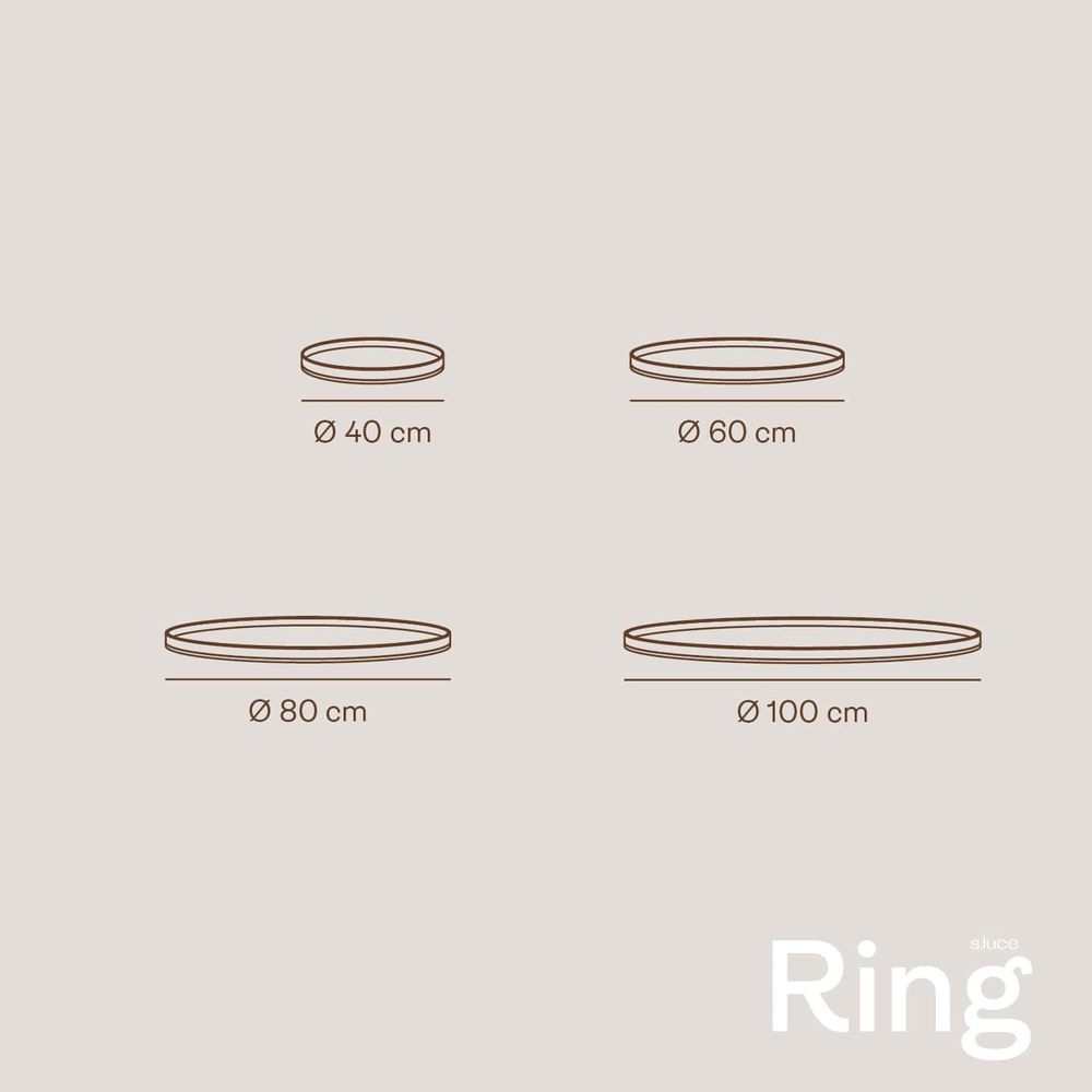 Apresentação das variantes de tamanho do s.luce LED Aplique de parede e candeeiro de teto Ring Regulável moderno redondo com diâmetros de 40 a 100 cm.