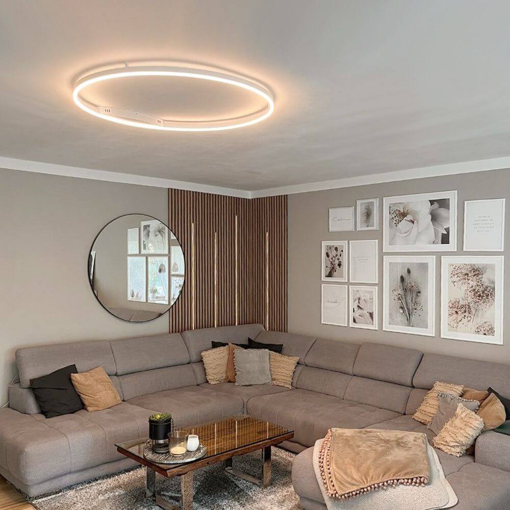 s.luce LED Ring Wandlamp & Plafondlamp Dimbaar modern rond in de elegante woonkamer met moderne inrichting.