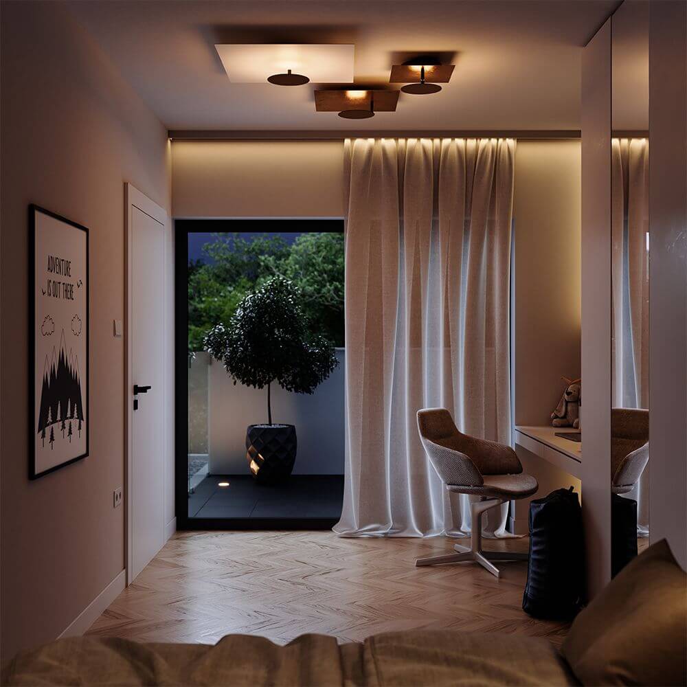 s.luce Lâmpada de parede e teto LED Plate em ambiente moderno com janela e decoração aconchegante.