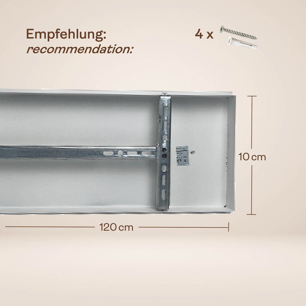s.luce Módulo de viga con dosel rectangular y múltiples luces, instrucciones de montaje con dimensiones.