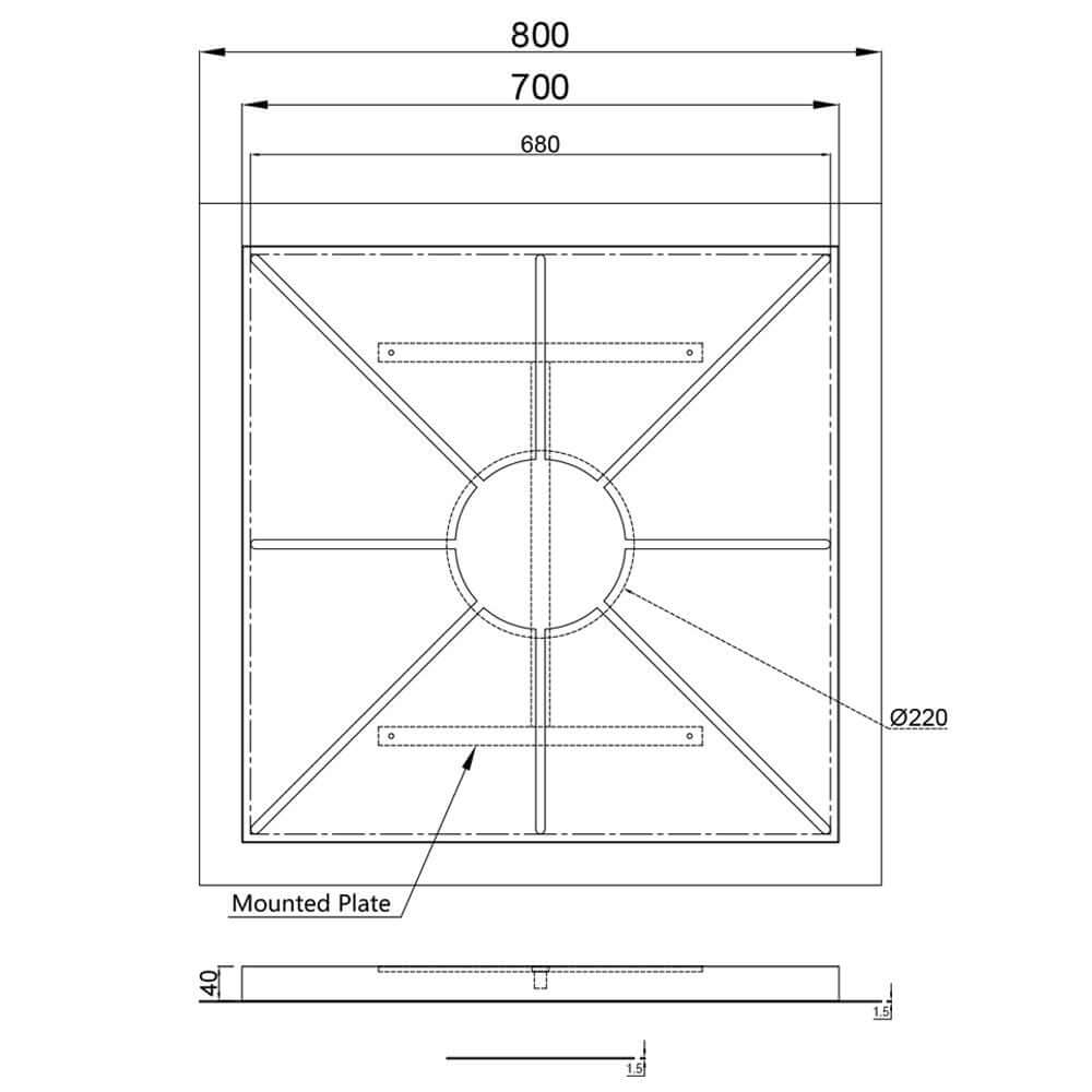 s.luce Modular 80 XL Mehrfach Hängeleuchten-Baldachin technische Zeichnung mit Maßen und montierter Platte