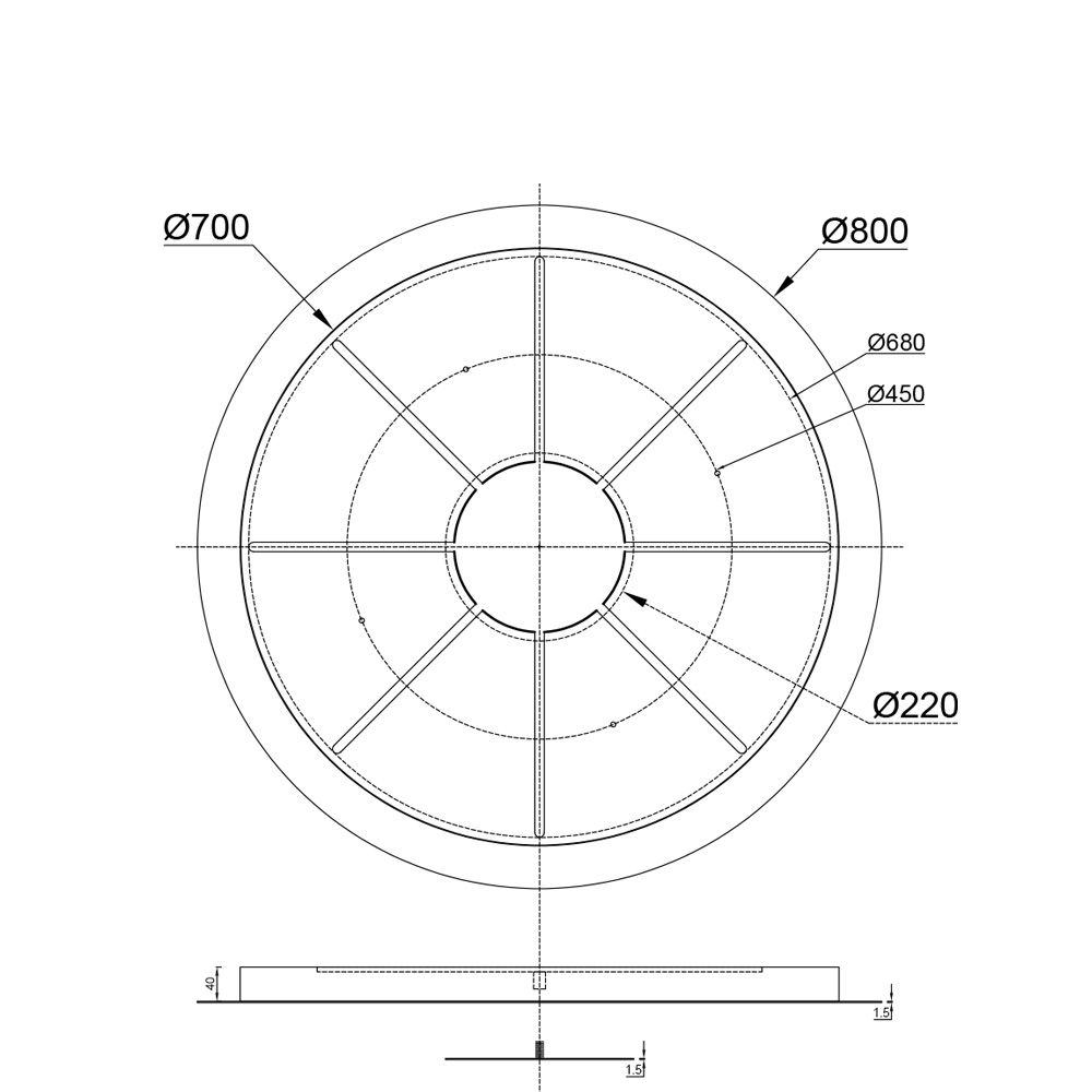 Technische Zeichnung des s.luce Modular 80 XL Baldachins mit Durchmessern für moderne Hängeleuchten.