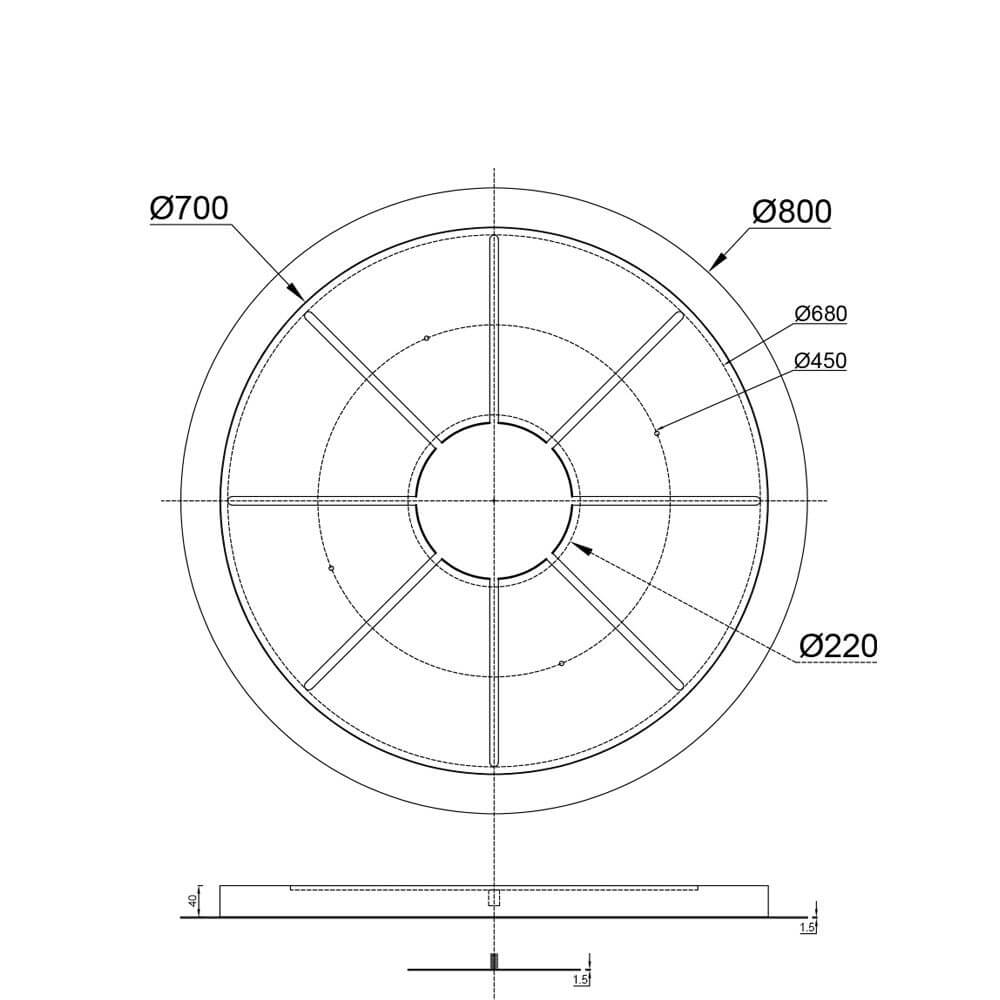 s.luce Modular 80 XL Mehrfach Hängeleuchten-Baldachin technische Zeichnung mit Durchmessern der Öffnungen.