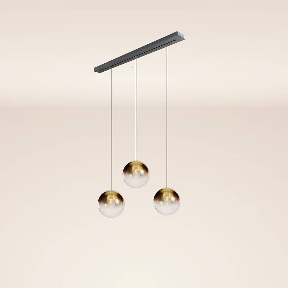 s.luce Orb 3-flammig Ø 30 Esstisch-Pendelleuchte 120cm in Gold und Weiß, elegante Balkenpendelleuchte.