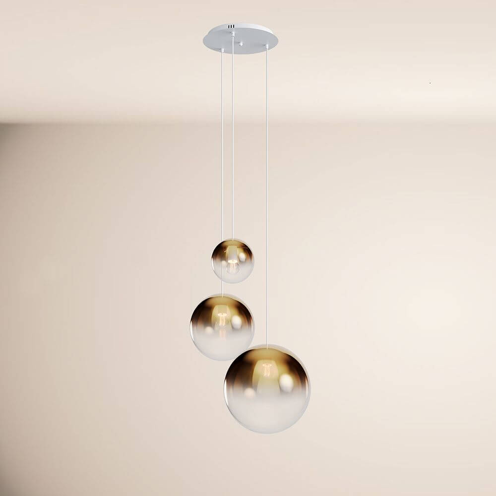 s.luce Orb 3-lamps Galerielamp Modular met drie glanzende pendel-lampen.