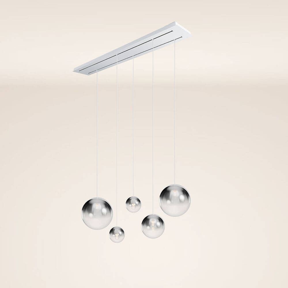s.luce Orb 5-flammige Esstischlampe 2-reihig 160cm mit glänzenden Glaskugeln und modernem Design