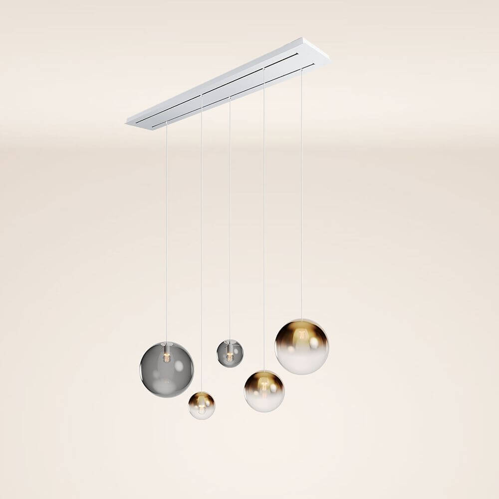 s.luce Orb 5-flammige Esstischlampe 2-reihig 160cm mit Glaskugeln und modernem Design.