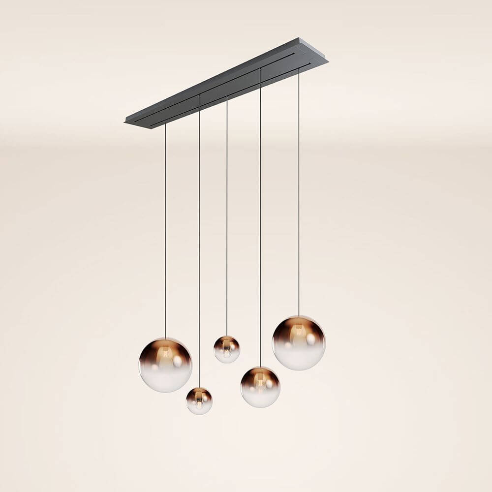s.luce Orb 5-flammige Esstischlampe 2-reihig 160cm in eleganter, modernem Design mit Glaskugeln.