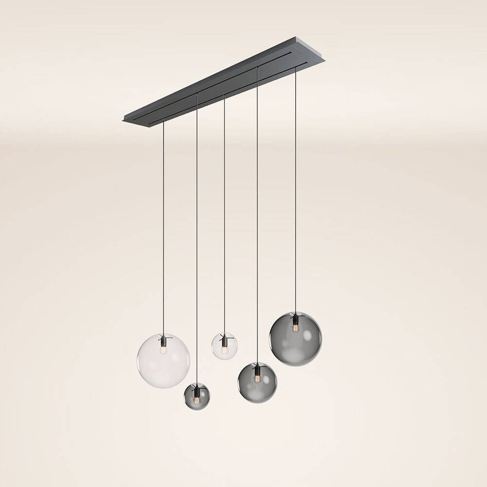 s.luce Orb 5-flammige Esstischlampe 2-reihig 160cm mit eleganten Glaskugeln